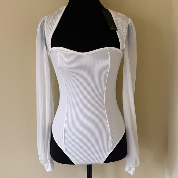 Lulus Sensational Sweetheart White Ribbed Balloon Sleeve Bodysuit, Size S, NWT - Picture 8 of 16